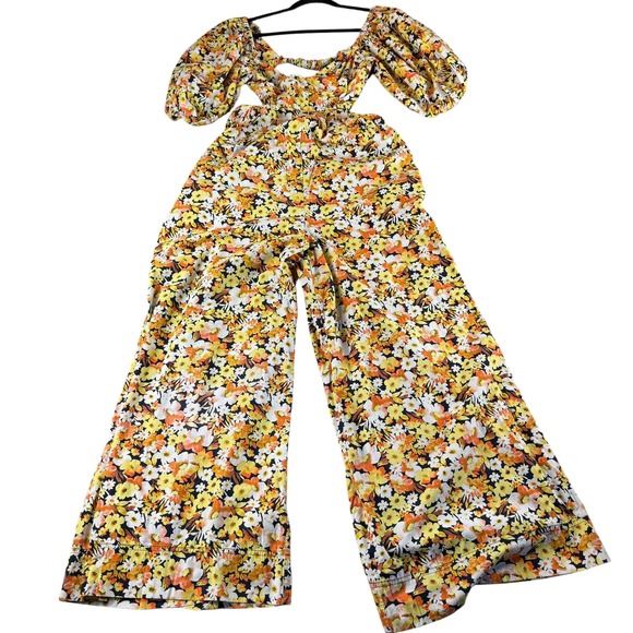 Free People Floral Print Puff Sleeve Cutout Wide Leg Jumpuit Size Small - Picture 1 of 14